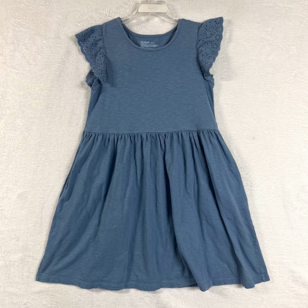 Cat & Jack L 10/12 Blue Eyelet Flutter Sleeve Slub Jersey Knit Dress 100% Cotton